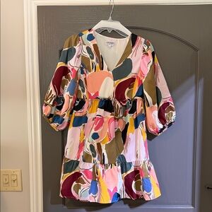 crosby. Multicolor Abstract V-Neck Tiered Dress — Pink, Olive, Mustard, Blue